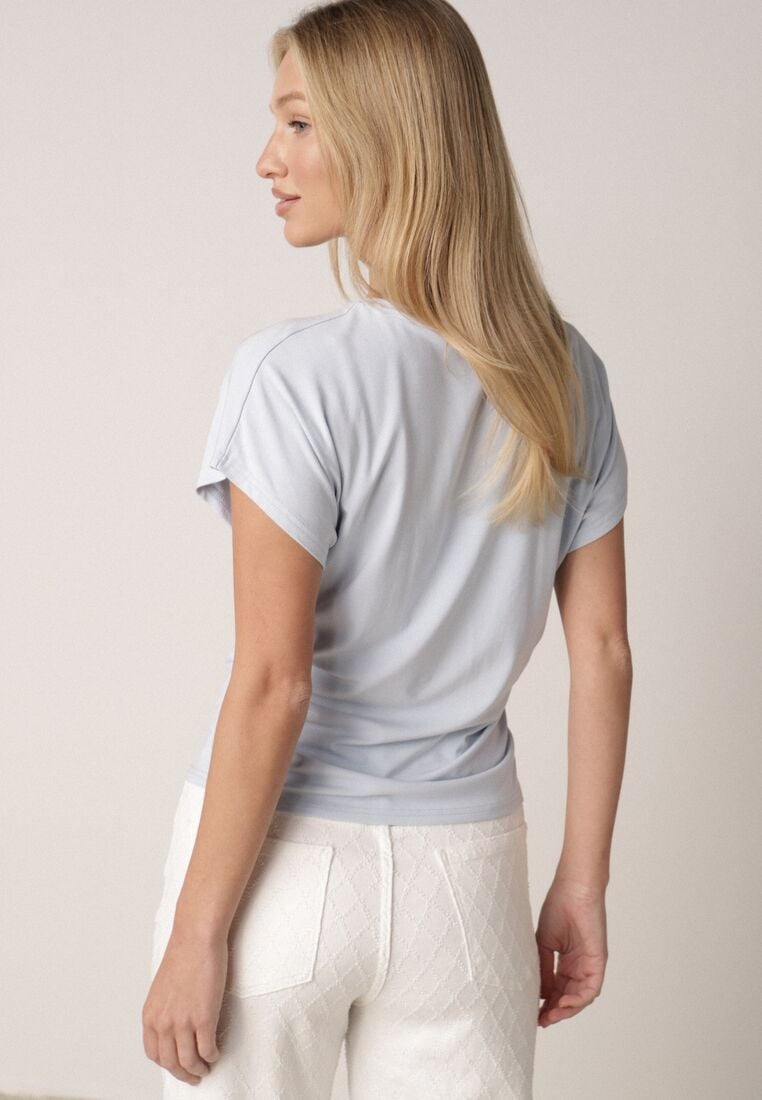 Niebieski T-shirt z Wiskozy z Trójkątnym Dekoltem Achiore 3