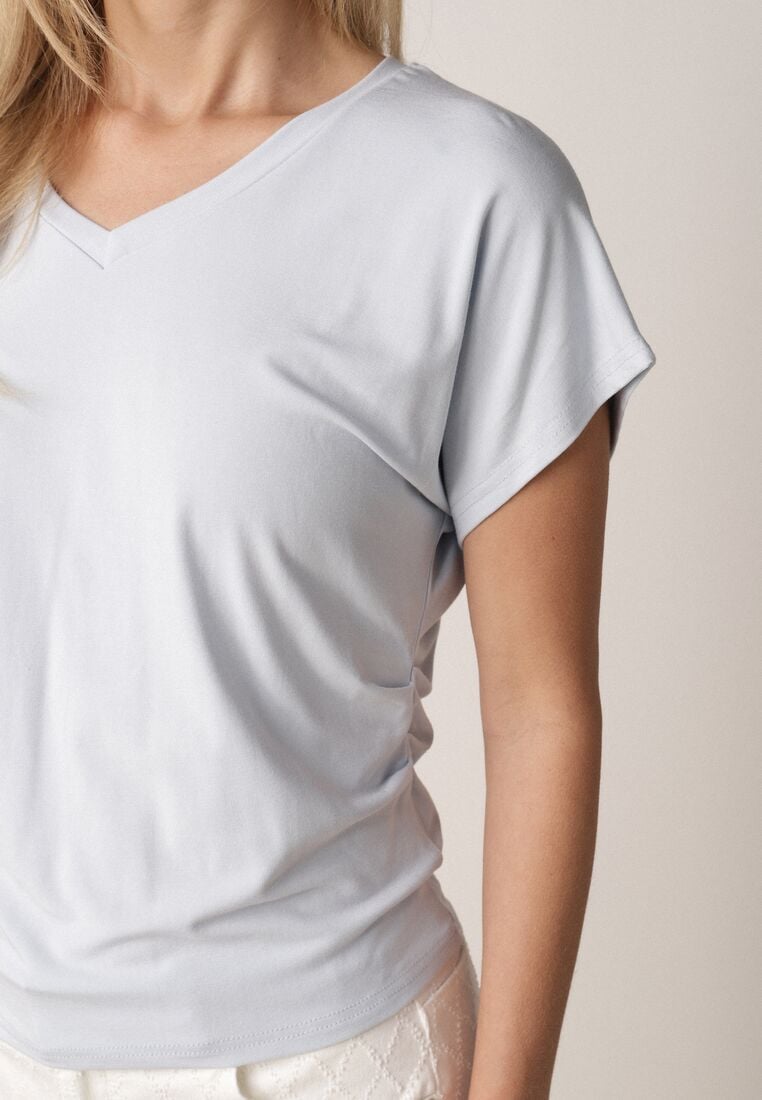 Niebieski T-shirt z Wiskozy z Trójkątnym Dekoltem Achiore 5