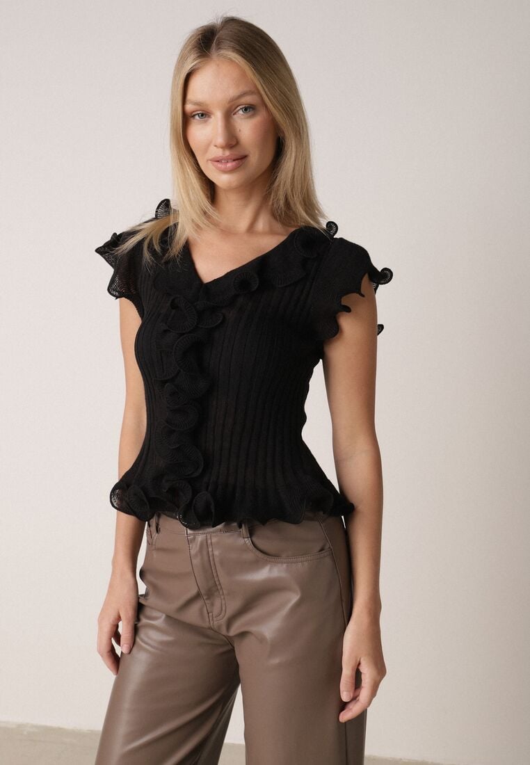 Czarna Prążkowana Bluzka z Wiskozą Ozdobiona Falbanami Delestra 1