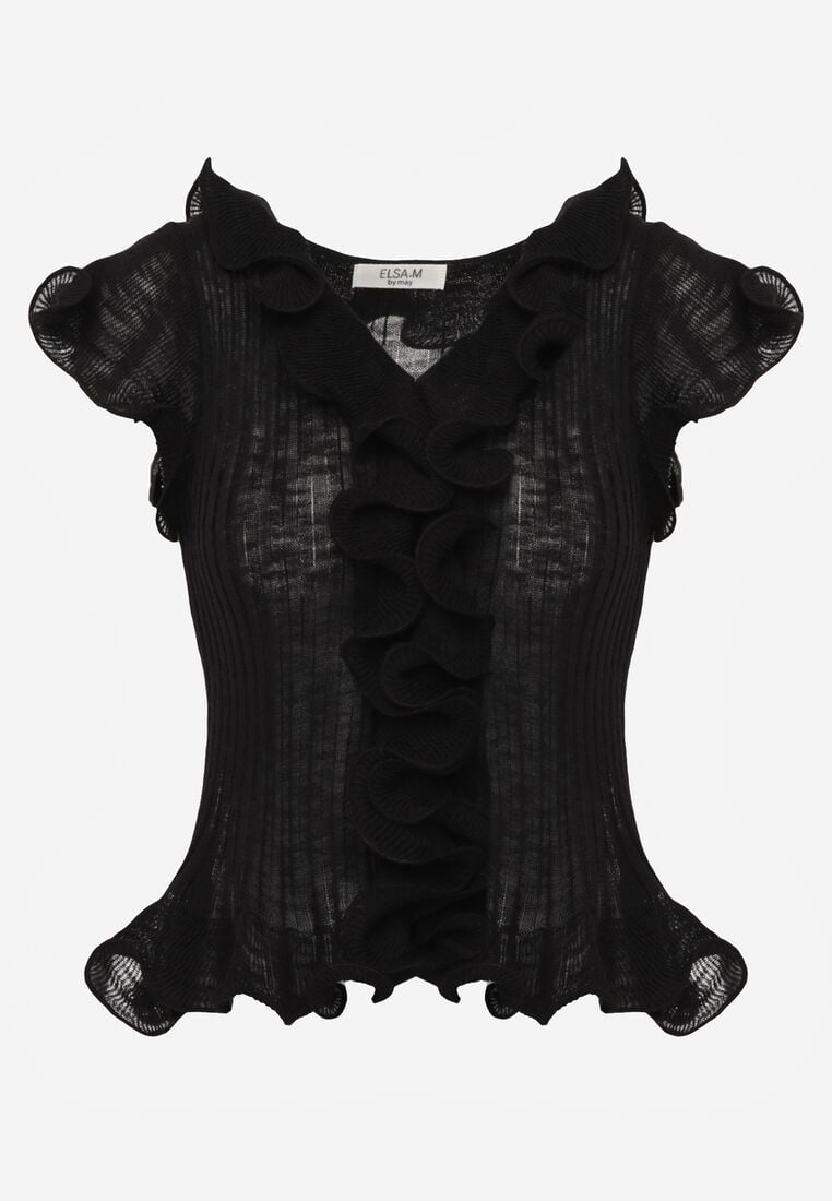 Czarna Prążkowana Bluzka z Wiskozą Ozdobiona Falbanami Delestra 6