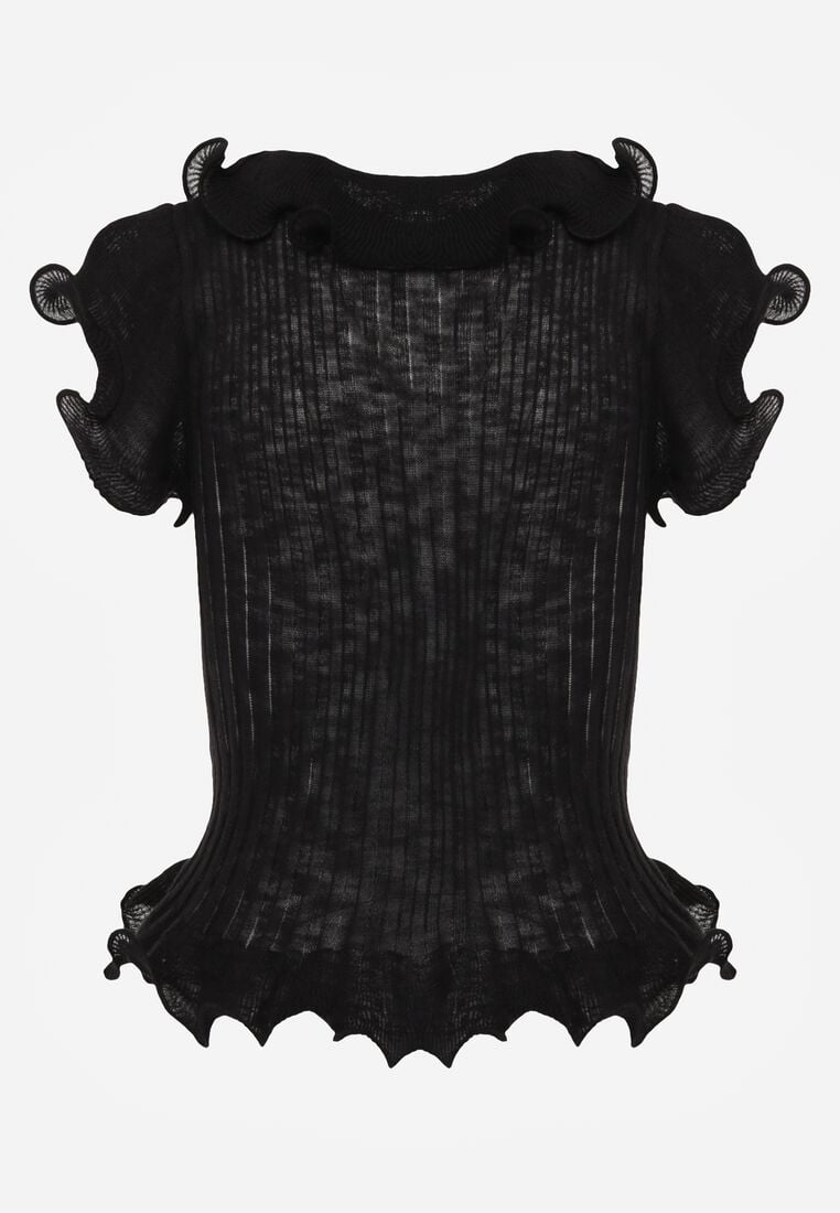 Czarna Prążkowana Bluzka z Wiskozą Ozdobiona Falbanami Delestra 7
