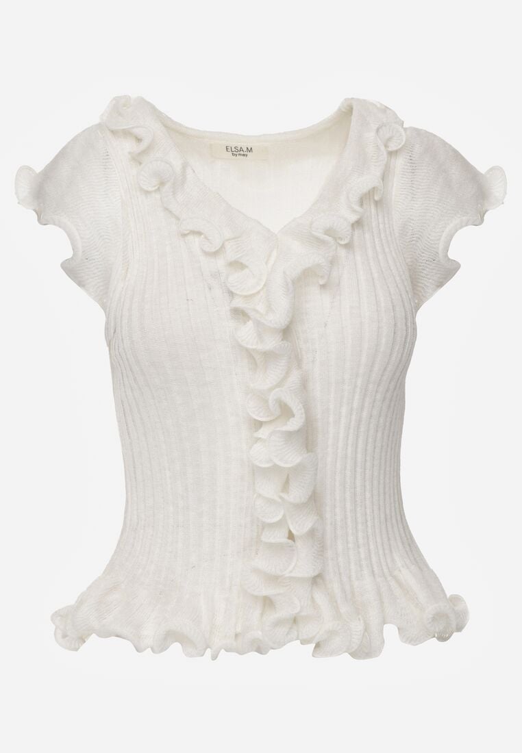 Biała Prążkowana Bluzka z Wiskozą Ozdobiona Falbanami Delestra 6