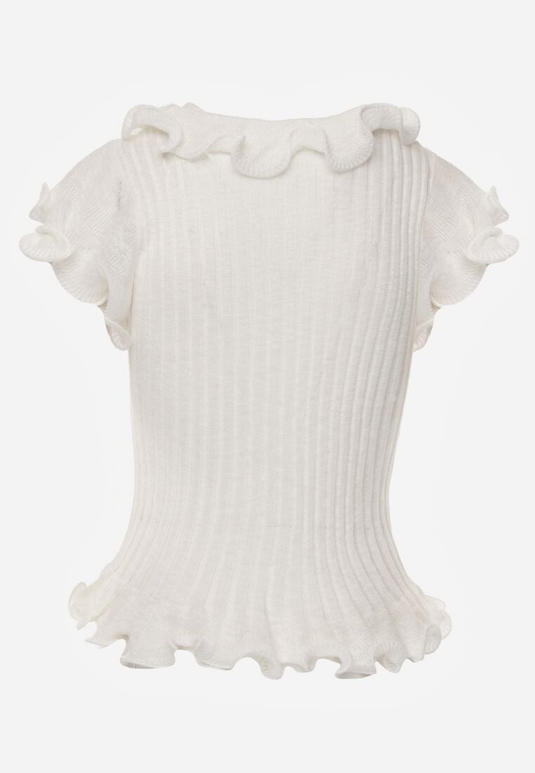 Biała Prążkowana Bluzka z Wiskozą Ozdobiona Falbanami Delestra 7