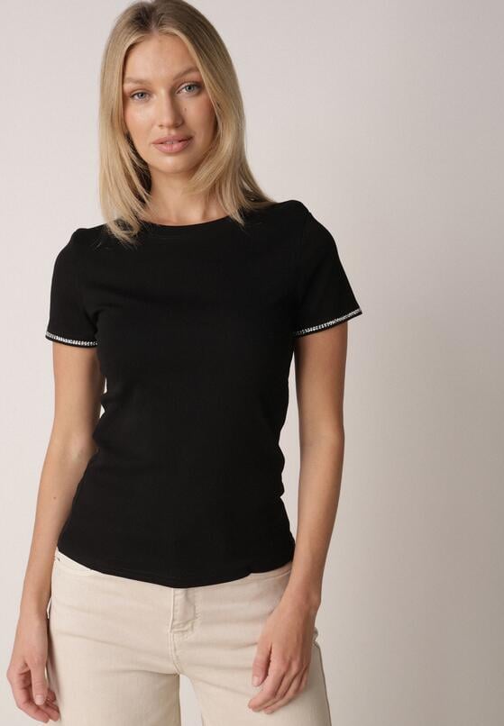 Czarny Bawełniany T-shirt z Cyrkoniami przy Rękawach Pronolea 1