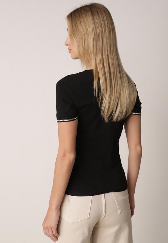 Czarny Bawełniany T-shirt z Cyrkoniami przy Rękawach Pronolea 3