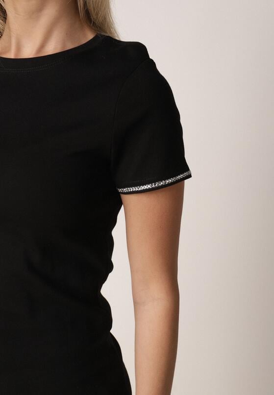 Czarny Bawełniany T-shirt z Cyrkoniami przy Rękawach Pronolea 5