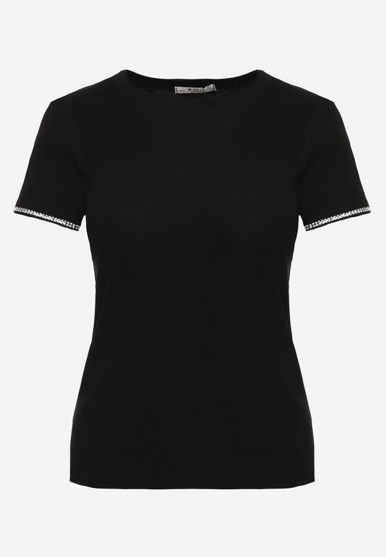 Czarny Bawełniany T-shirt z Cyrkoniami przy Rękawach Pronolea 6