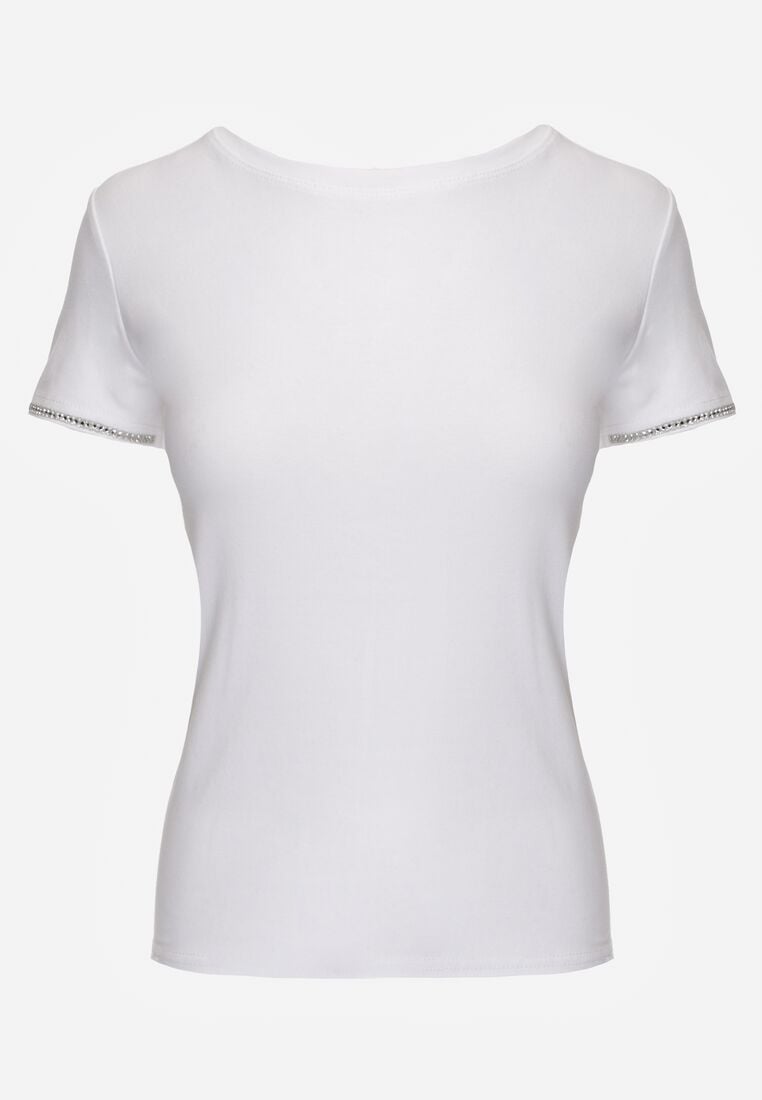 Biały Bawełniany T-shirt z Cyrkoniami przy Rękawach Pronolea 6
