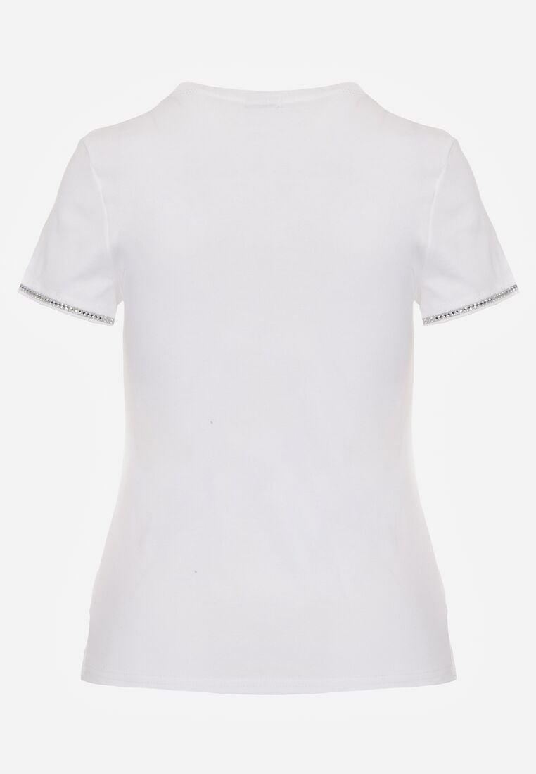 Biały Bawełniany T-shirt z Cyrkoniami przy Rękawach Pronolea 7