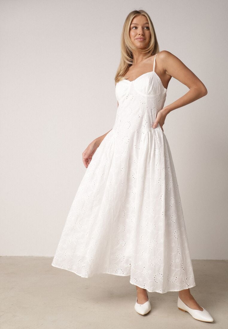 Biała Ażurowa Sukienka z Bawełny o Rozkloszowanym Kroju na Ramiączkach Cheriny 1