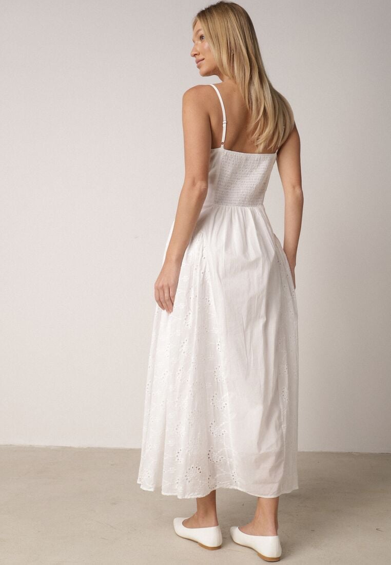 Biała Ażurowa Sukienka z Bawełny o Rozkloszowanym Kroju na Ramiączkach Cheriny 3