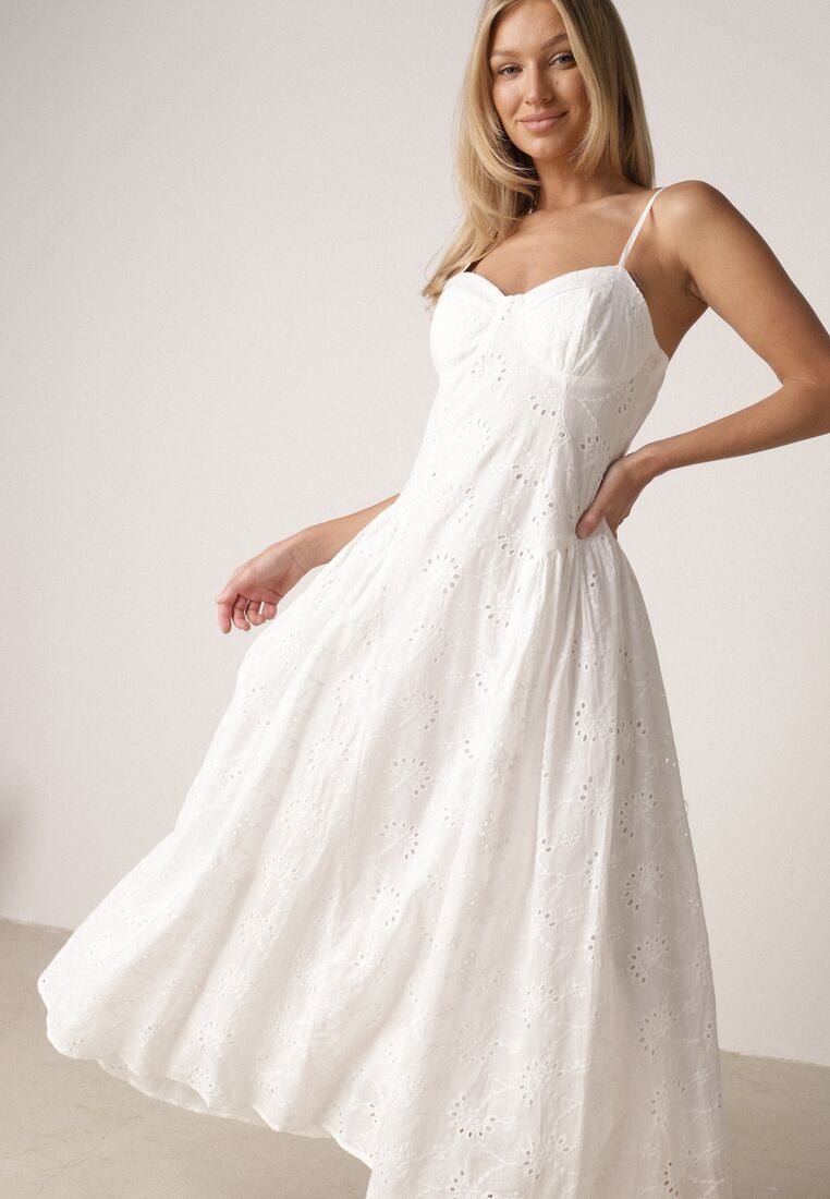 Biała Ażurowa Sukienka z Bawełny o Rozkloszowanym Kroju na Ramiączkach Cheriny 4