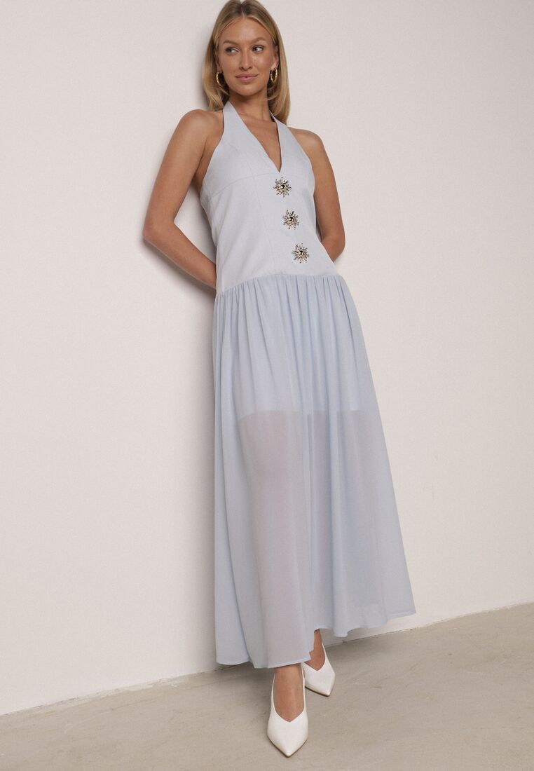 Niebieska Sukienka z Wiązanym Dekoltem Typu Halter i Biżuteryjnymi Guzikami Raena 1