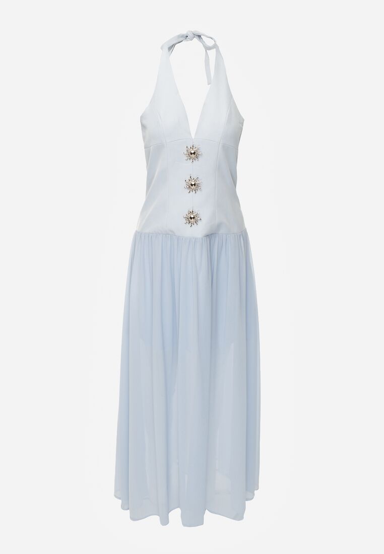 Niebieska Sukienka z Wiązanym Dekoltem Typu Halter i Biżuteryjnymi Guzikami Raena 6