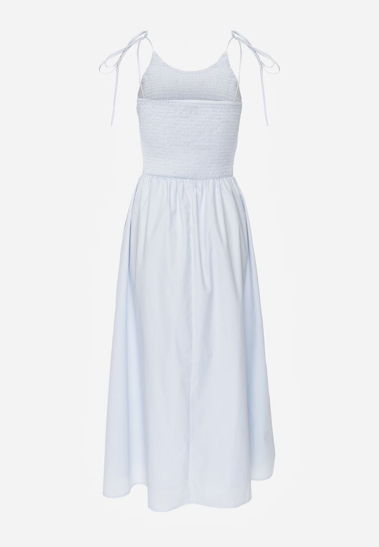 Niebieska Bawełniana Sukienka Rozkloszowana z Elastyczną Górą i Wiązanymi Ramiączkami Nyphea 7