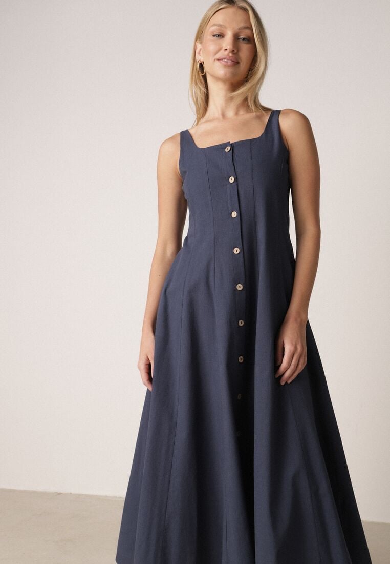 Granatowa Rozkloszowana Sukienka z Bawełną Wiskozą i Guzikami Appeia 4