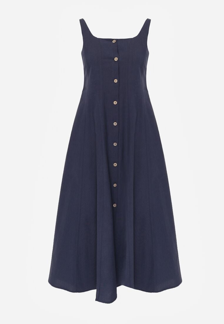 Granatowa Rozkloszowana Sukienka z Bawełną Wiskozą i Guzikami Appeia 6