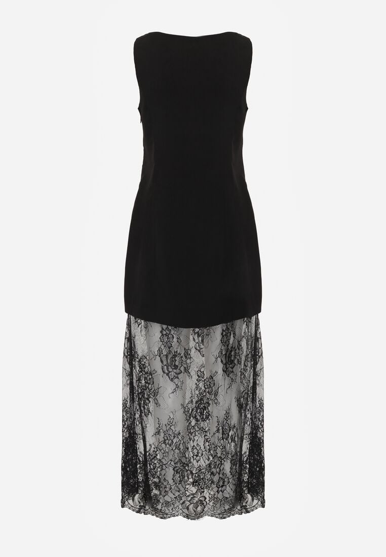 Czarna Koktajlowa Sukienka Bez Rękawów z Koronkowym Dołem Moanthia 7