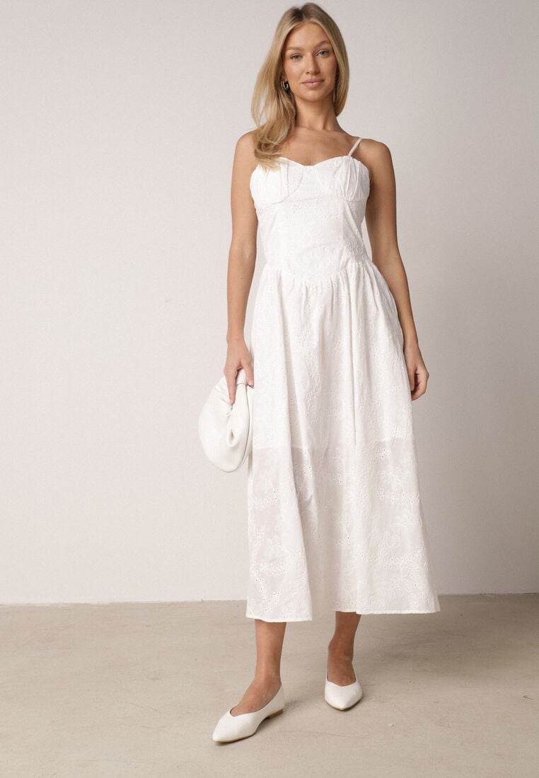 Biała Bawełniana Sukienka o Rozkloszowanym Kroju na Ramiączka z Haftem Rhethiphe 1