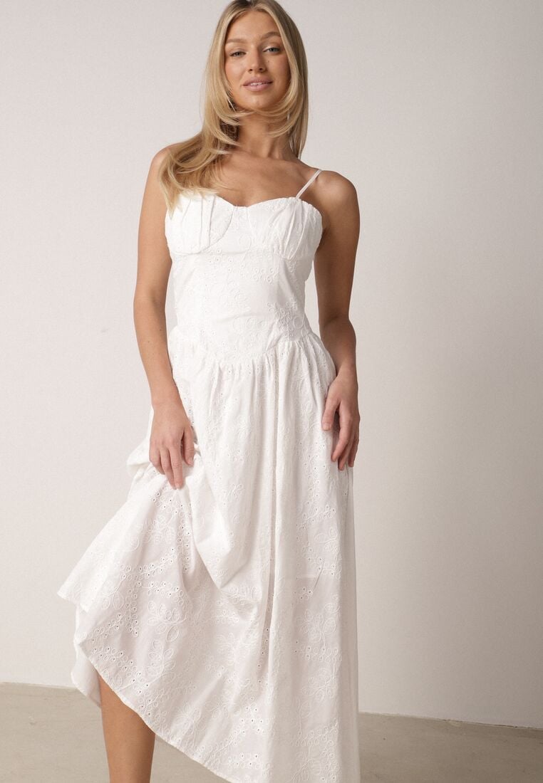 Biała Bawełniana Sukienka o Rozkloszowanym Kroju na Ramiączka z Haftem Rhethiphe 4