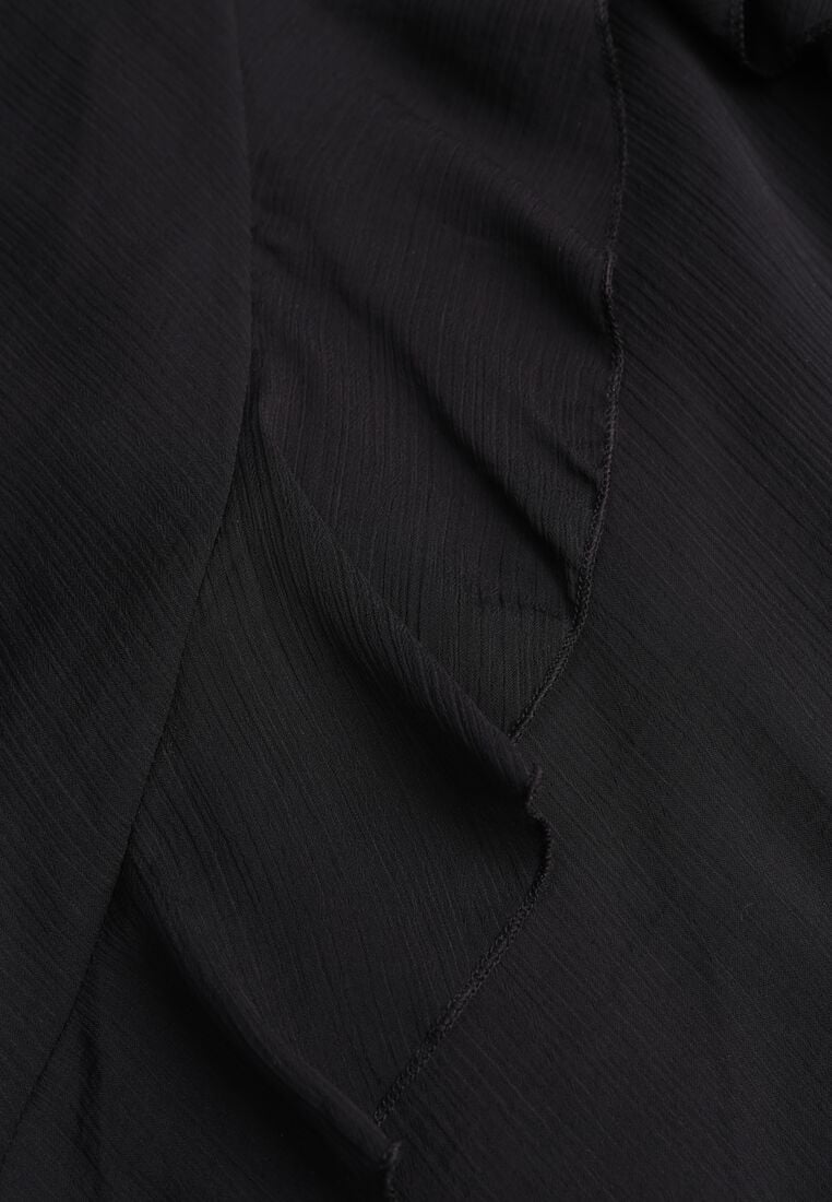 Czarna Koktajlowa Sukienka Taliowana z Falbankami Wiązana na Szyi Demeina 8