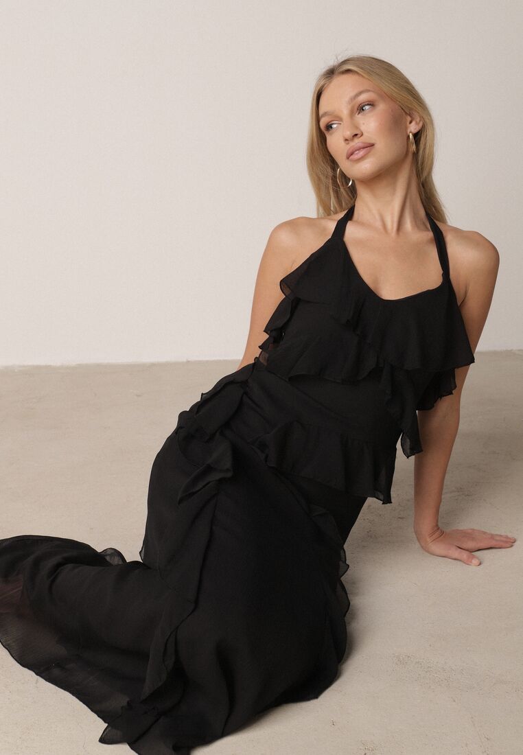 Czarna Koktajlowa Sukienka Taliowana z Falbankami Wiązana na Szyi Demeina 2
