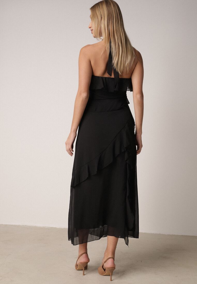Czarna Koktajlowa Sukienka Taliowana z Falbankami Wiązana na Szyi Demeina 3