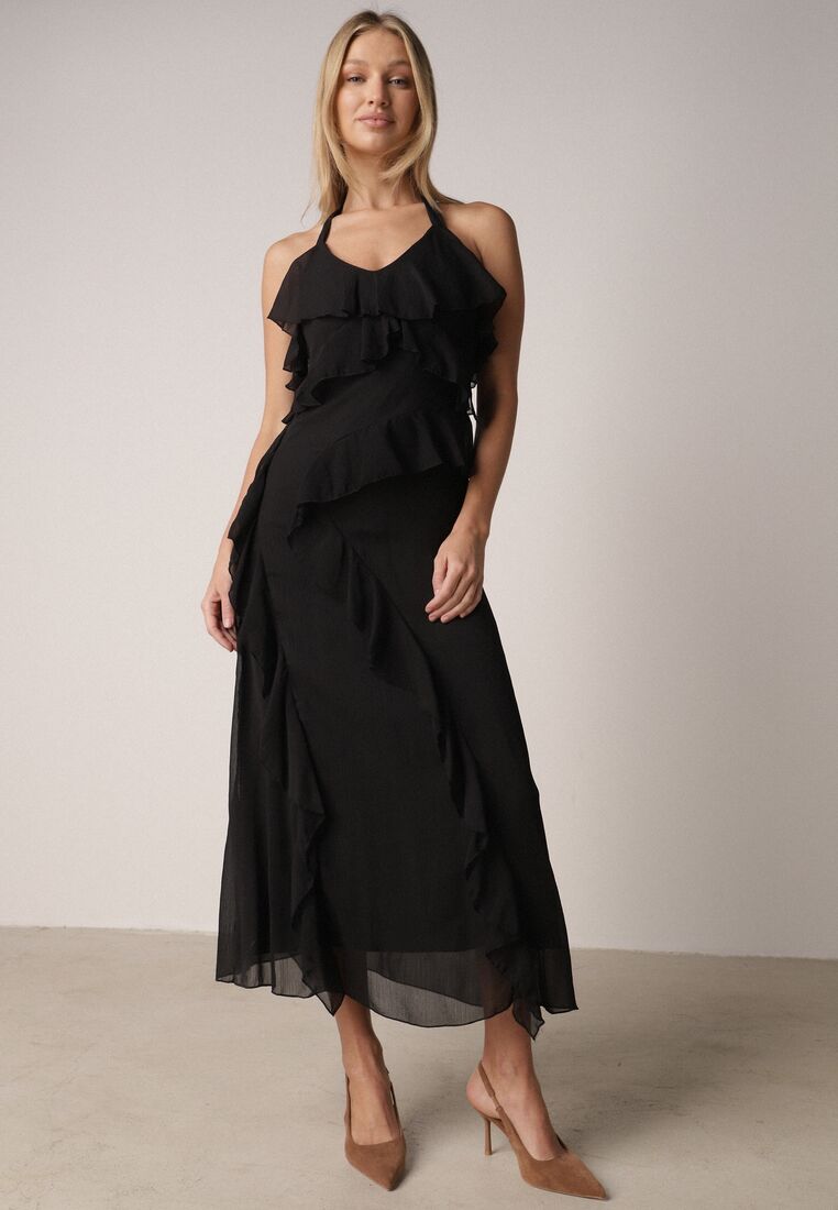 Czarna Koktajlowa Sukienka Taliowana z Falbankami Wiązana na Szyi Demeina 4
