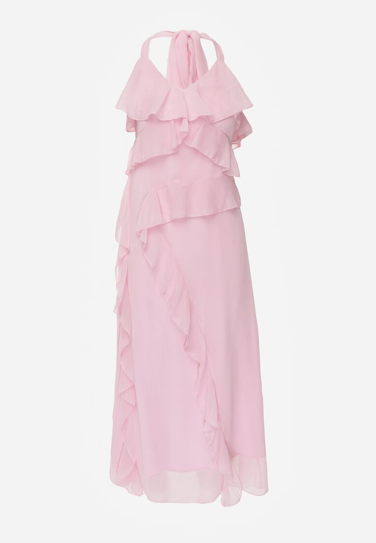 Różowa Koktajlowa Sukienka Taliowana z Falbankami Wiązana na Szyi Demeina 6