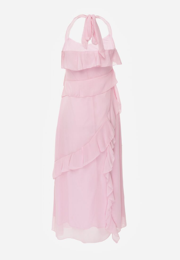 Różowa Koktajlowa Sukienka Taliowana z Falbankami Wiązana na Szyi Demeina 7