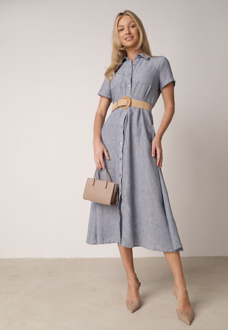 Niebieska Sukienka Koszulowa z Krótkim Rękawem i Paskiem z Klamrą Orethea 2