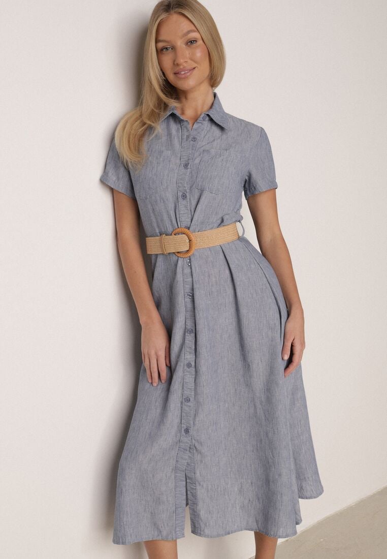 Niebieska Sukienka Koszulowa z Krótkim Rękawem i Paskiem z Klamrą Orethea 4