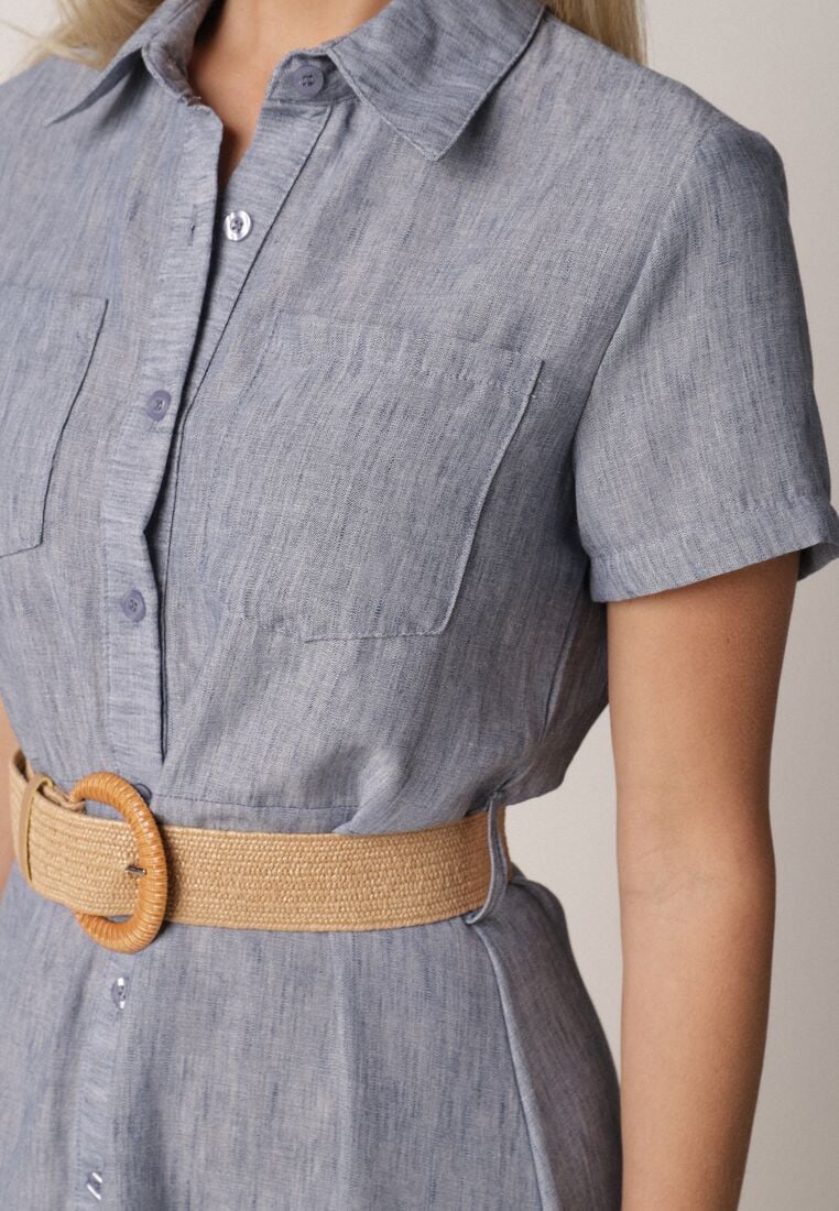 Niebieska Sukienka Koszulowa z Krótkim Rękawem i Paskiem z Klamrą Orethea 5