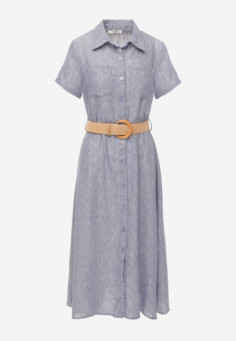 Niebieska Sukienka Koszulowa z Krótkim Rękawem i Paskiem z Klamrą Orethea 6