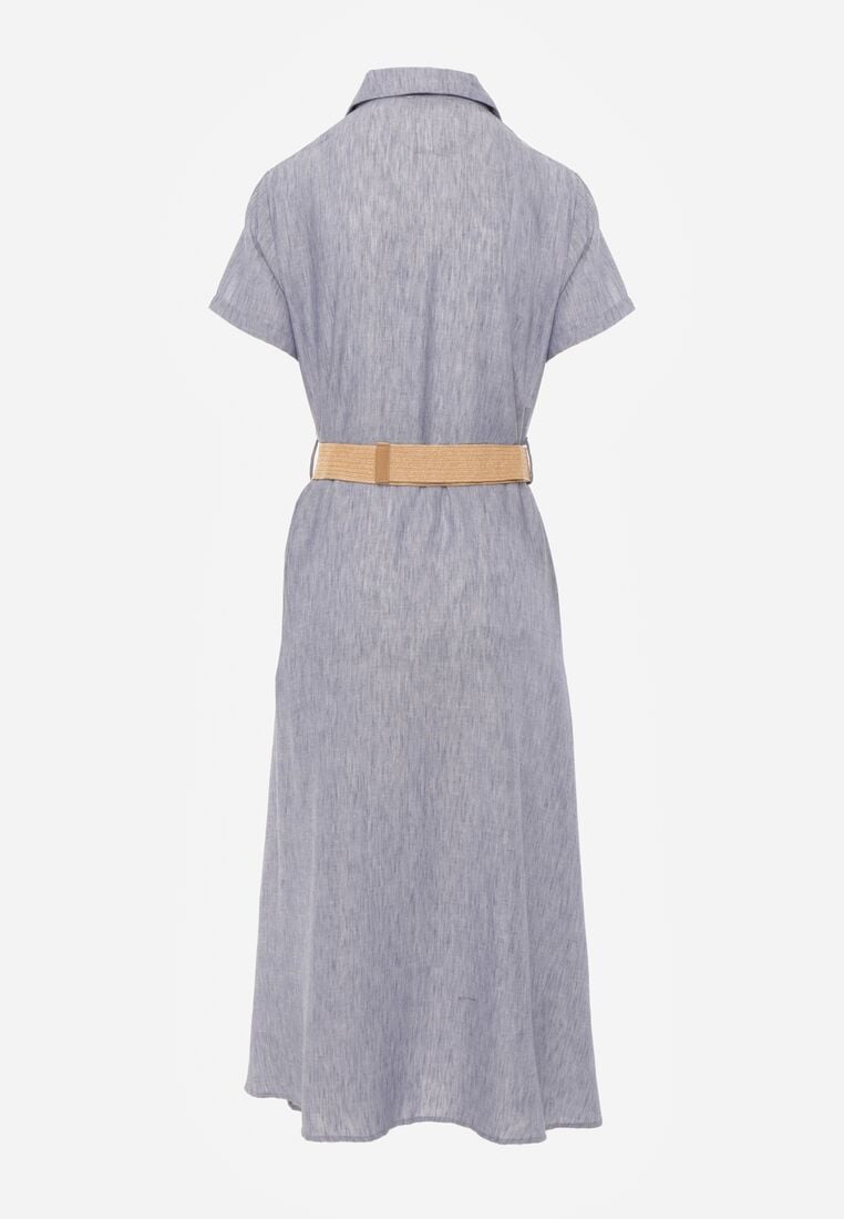 Niebieska Sukienka Koszulowa z Krótkim Rękawem i Paskiem z Klamrą Orethea 7