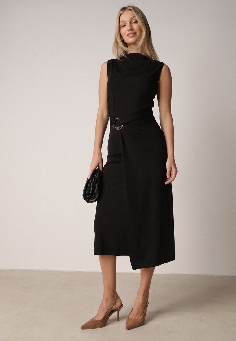 Czarna Wizytowa Sukienka Taliowana z Metaliczną Ozdobą Aroos 1