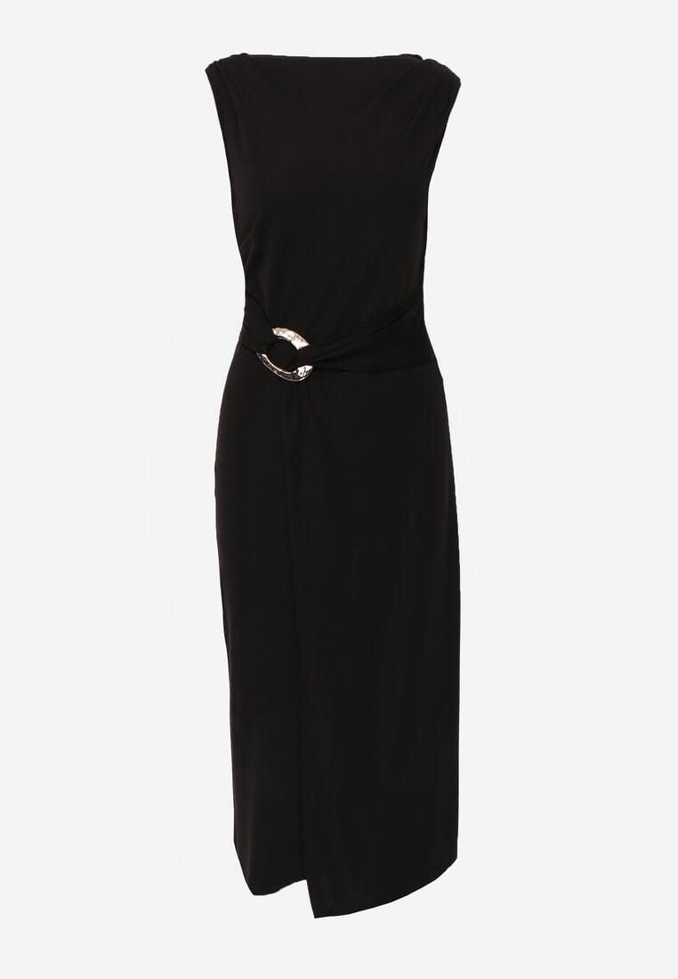 Czarna Wizytowa Sukienka Taliowana z Metaliczną Ozdobą Aroos 6