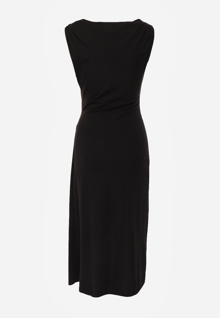 Czarna Wizytowa Sukienka Taliowana z Metaliczną Ozdobą Aroos 7