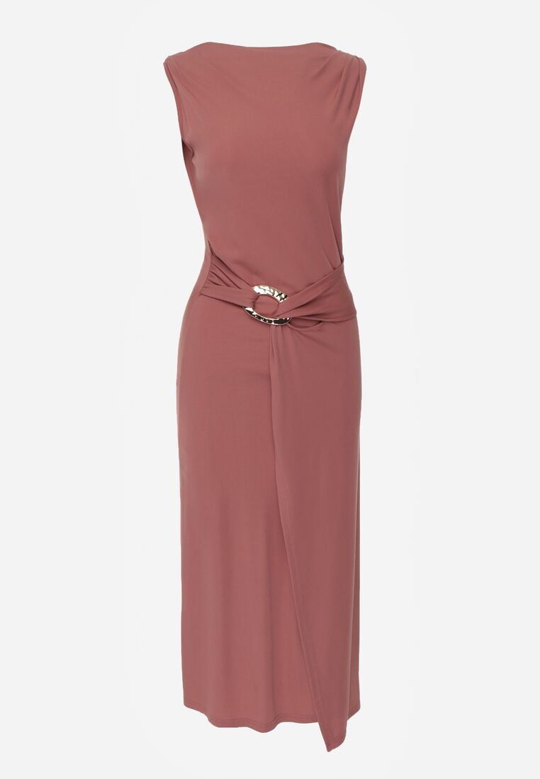 Różowa Wizytowa Sukienka Taliowana z Metaliczną Ozdobą Aroos 6