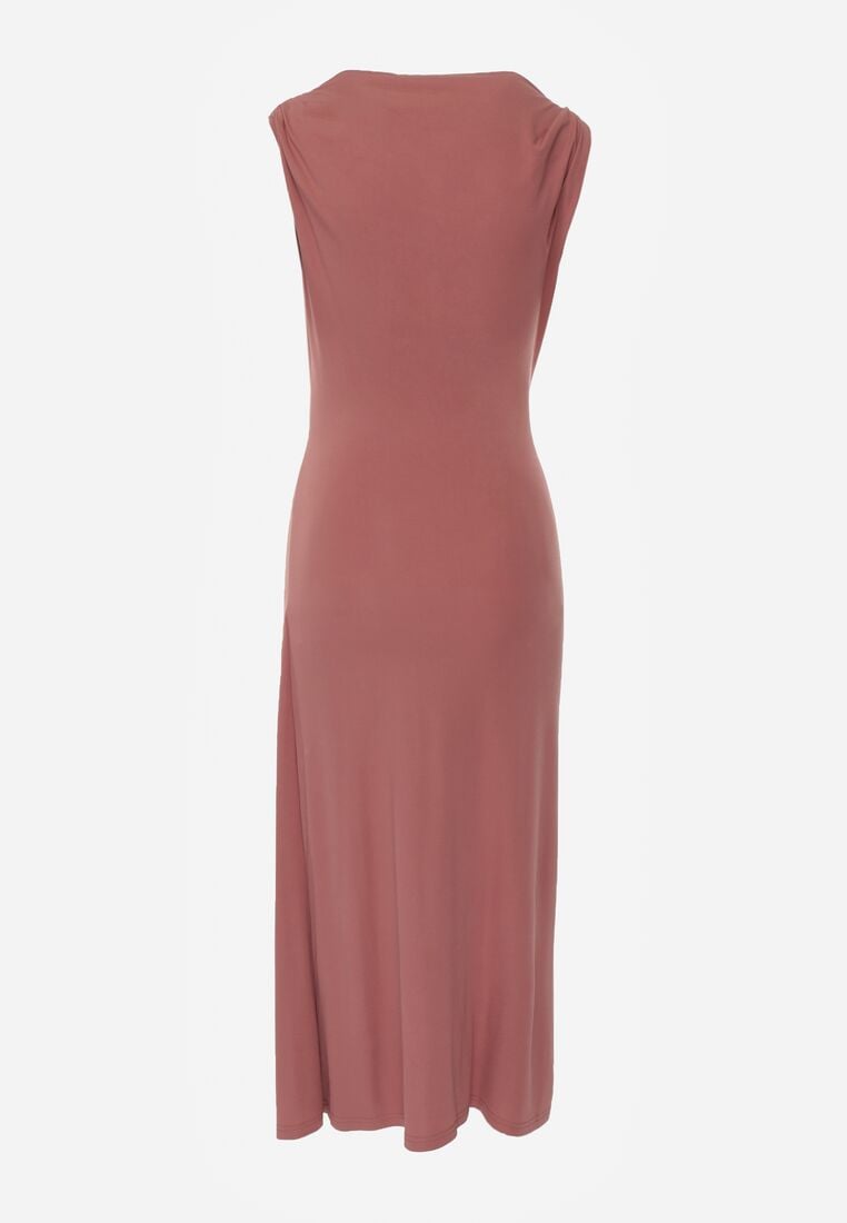 Różowa Wizytowa Sukienka Taliowana z Metaliczną Ozdobą Aroos 7