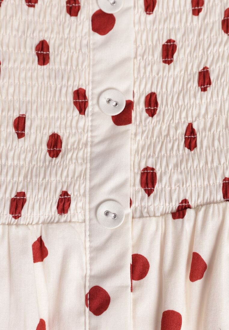 Beżowa Sukienka Bawełniana o Rozkloszowanym Kroju z Bufiastymi Rękawami w Groszki Lorairian 8