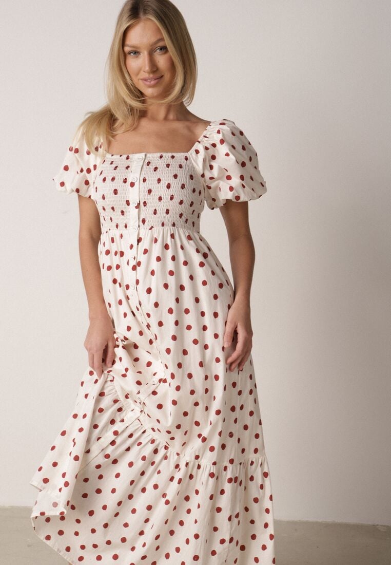 Beżowa Sukienka Bawełniana o Rozkloszowanym Kroju z Bufiastymi Rękawami w Groszki Lorairian 2