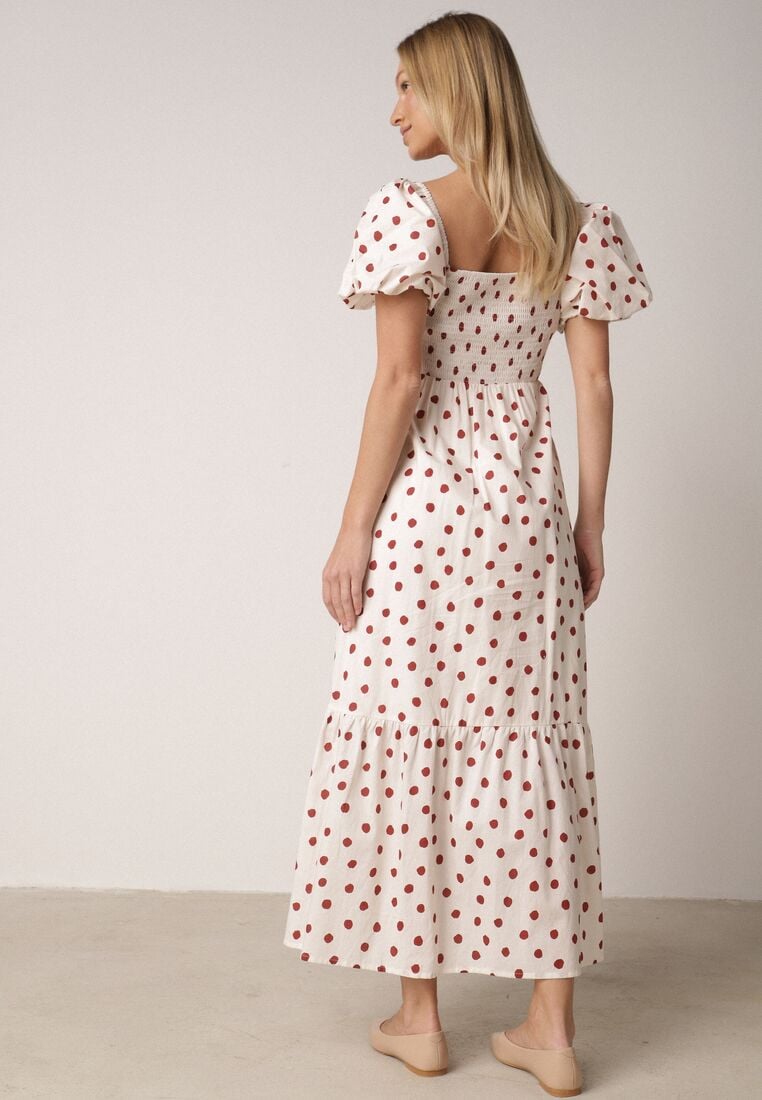 Beżowa Sukienka Bawełniana o Rozkloszowanym Kroju z Bufiastymi Rękawami w Groszki Lorairian 3