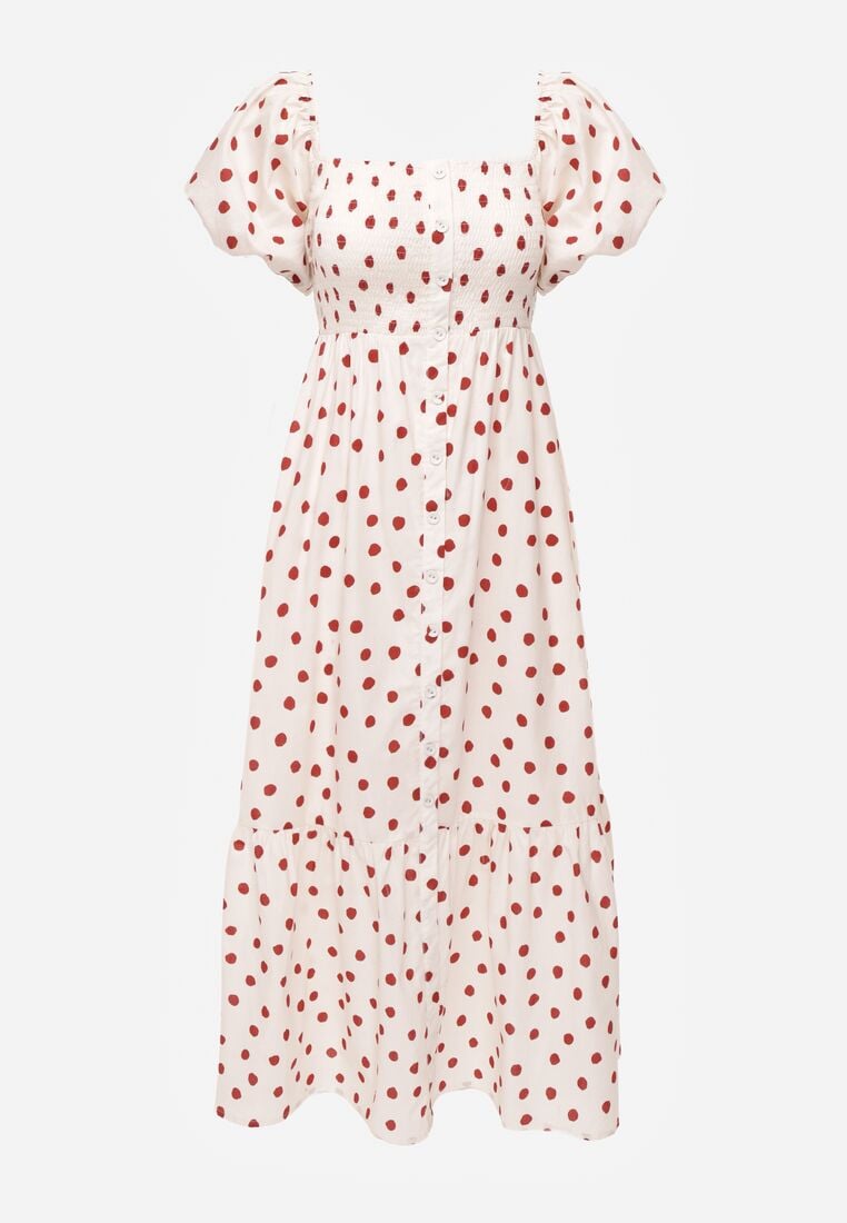 Beżowa Sukienka Bawełniana o Rozkloszowanym Kroju z Bufiastymi Rękawami w Groszki Lorairian 6