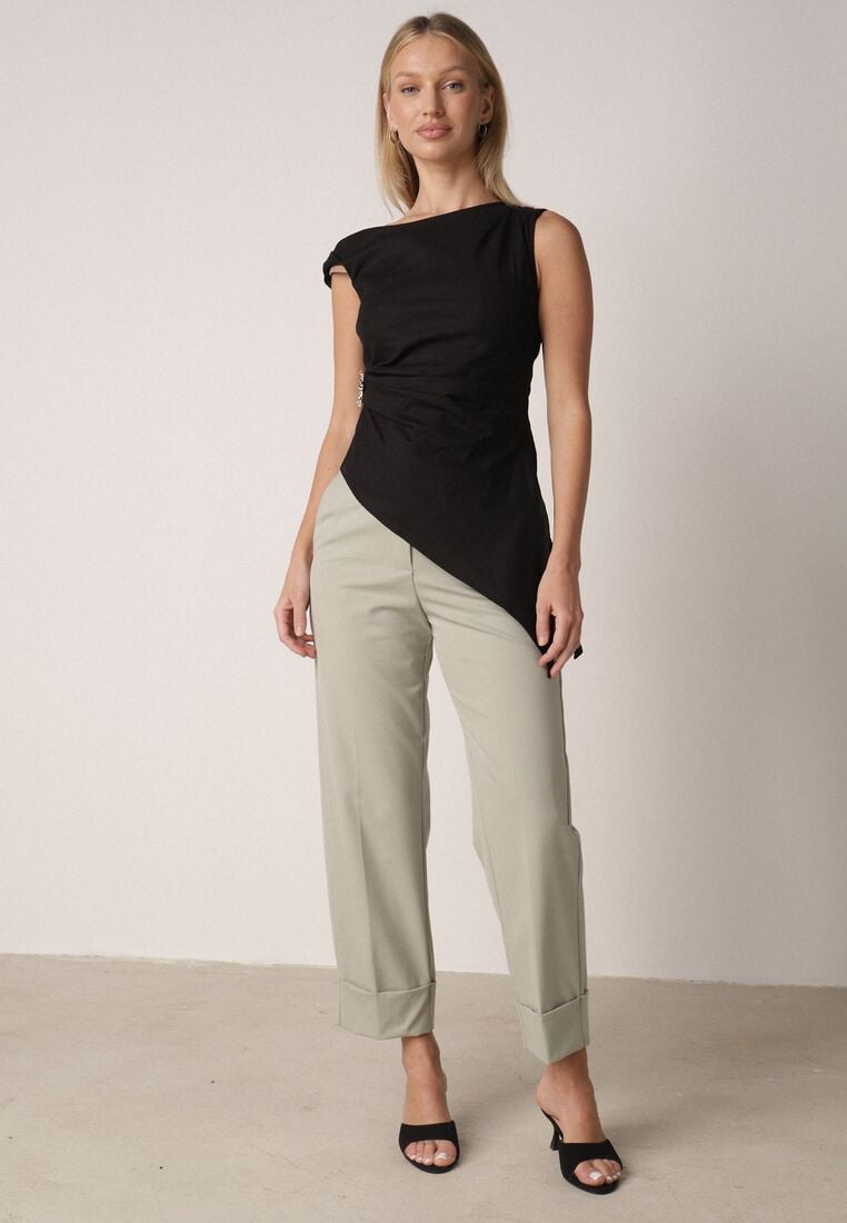 Czarna Bawełniana Bluzka o Asymetrycznym Marszczonym Kroju z Aplikacją Omphasia 2