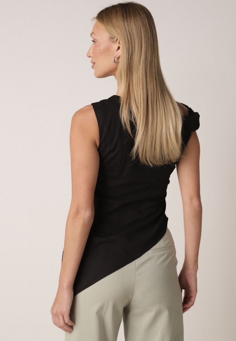 Czarna Bawełniana Bluzka o Asymetrycznym Marszczonym Kroju z Aplikacją Omphasia 3