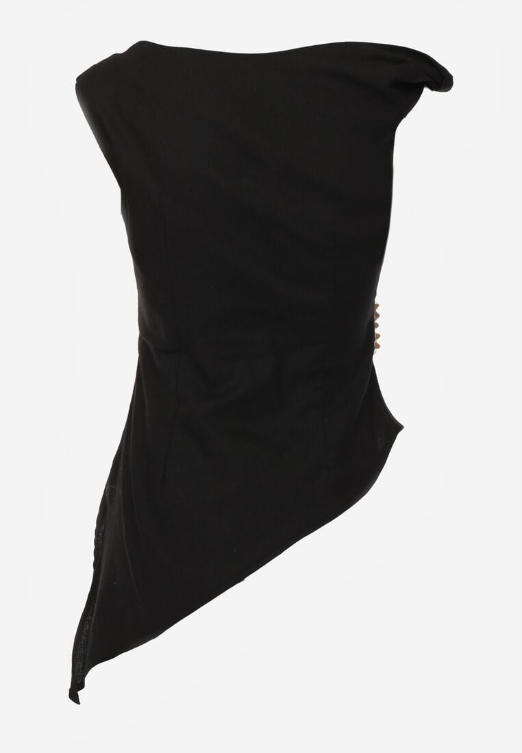 Czarna Bawełniana Bluzka o Asymetrycznym Marszczonym Kroju z Aplikacją Omphasia 7