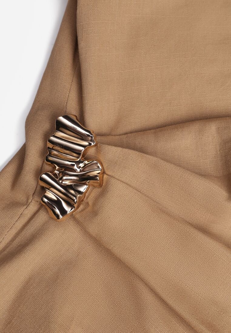 Beżowa Bawełniana Bluzka o Asymetrycznym Marszczonym Kroju z Aplikacją Omphasia 8