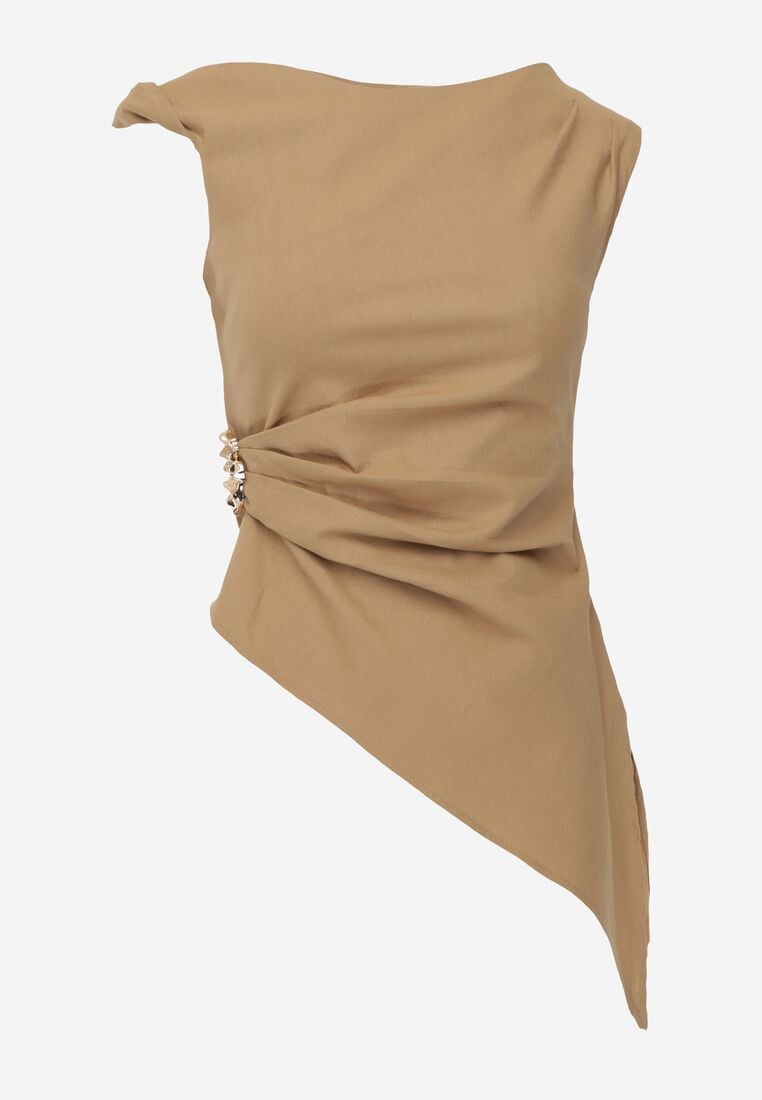 Beżowa Bawełniana Bluzka o Asymetrycznym Marszczonym Kroju z Aplikacją Omphasia 6