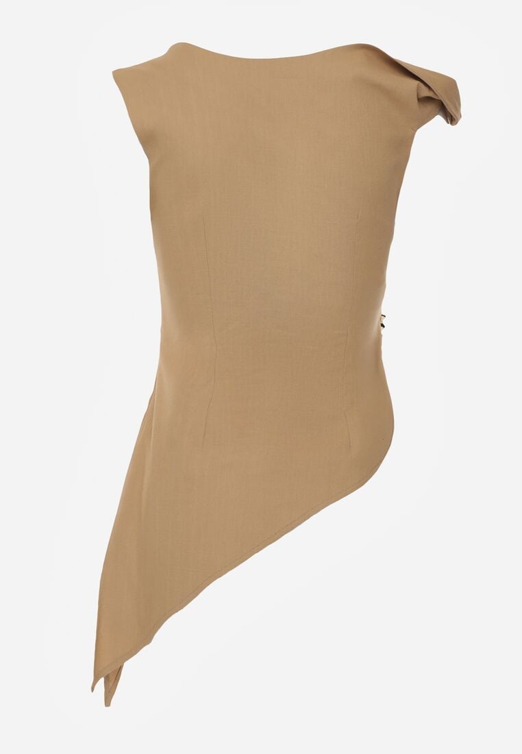 Beżowa Bawełniana Bluzka o Asymetrycznym Marszczonym Kroju z Aplikacją Omphasia 7